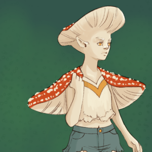 fashion portrait but of a fae based on the amanita redcap mushroom making up their hair and the cape they are wearing
